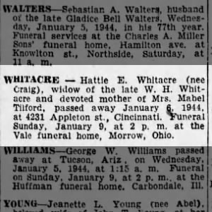 Hattie Craig Whitacre died Jan 6, 1944 