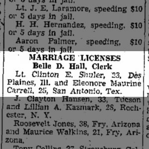Marriage License - Lt Clinton E. Shuler and Eleonore M. Carrell