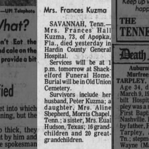 Obituary for Frances Hall Kuzma