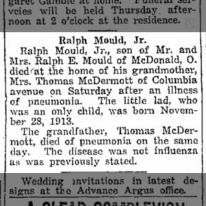 Ralph Mould Jr
The Record-Argus, Greenville, PA
Wed, Feb 26, 1919 ·Page 5