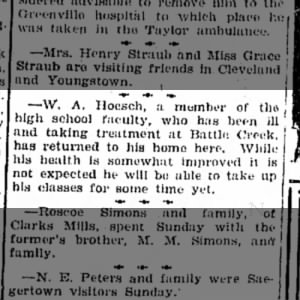 W.A. Hoesch, home from Battle Creek
The Record-Argus
Mon, Sep 18, 1922 ·Page 5