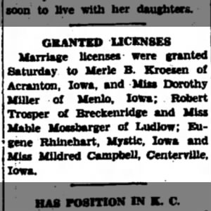 Marriage of Eugene Rhinehart & Mildred Campbell