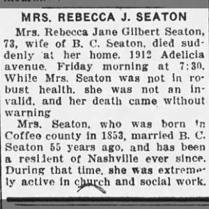 Obituary for Rebecca Jane Gilbert SEATON