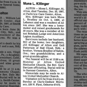 Obituary for Mona L Killinger