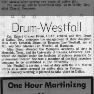 Drum - Westfall Engagement Announcement. (Mary Deborah Drum)