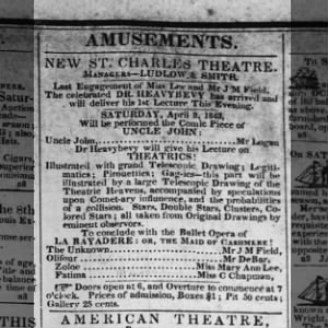 New St Charles Theatre Last engagement of Miss Lee Mr J M Field w/ celebrated Dr Heavybevy_Picayune