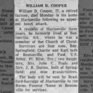 Obituary for WILLIAM D. COOPER