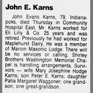John Evans Karns Obituary 1992