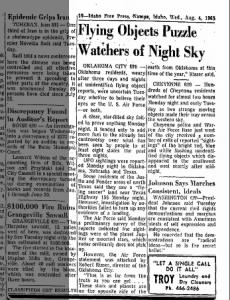 Flying Objects Puzzle Watchers of Night Sky OKC and Cheyenne WY  August 4 1965