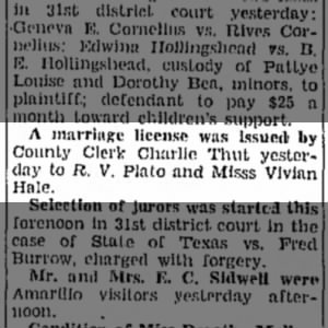 R V Plato and Vivian Hale marriage license 8 Oct 1941