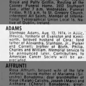 Obituary for Stanhope ADAMS