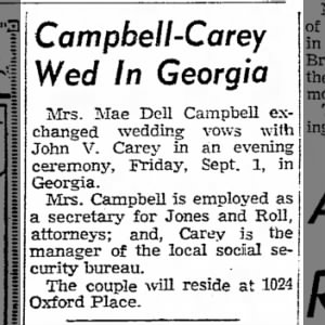Marriage to John V Carey Sept 1 1967