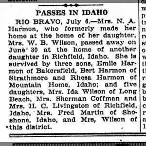 N.A. Harmon obituary in Bakersfield
