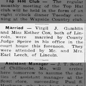 Virgil J. Gamblin and Miss Esther Cox, both of Lincoln, married September 12, 1936