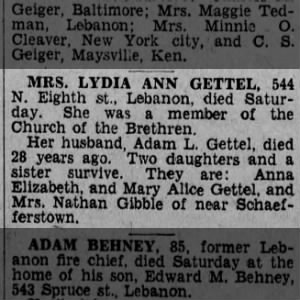 Obituary for LYDIA ANN GETTEL