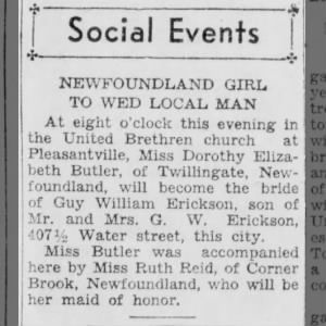 Newfoundland Girl Dorothy Elizabeth Butler to Wed Guy William Erickson 13 Aug 1946