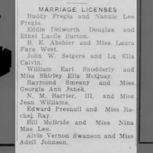 Marriage License Bill McBride & Nina M Lee  25 May 1950