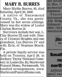 Obituary for Mary Blythe BURRES