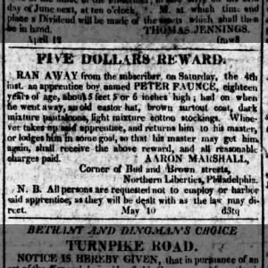 Faunce Peter, runaway apprentice.  13 May 1811. Aurora General Advertiser.  Philadelphia. 