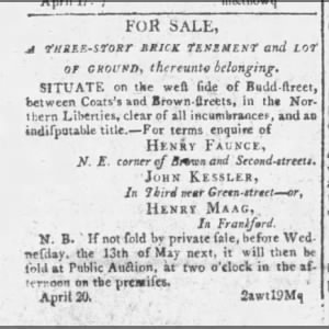 Faunce Henry, brick tenement and lot for sale.  27 April 1801.