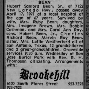 Hubert Sanford Bean Sr death in San Antonio TX; son of Myrtle Combs Bean Pannell April 1971
