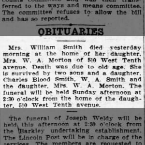 Obituary for Mrs. William Smith