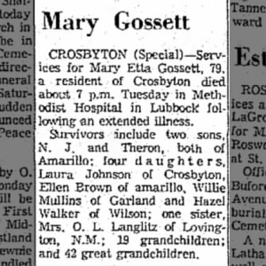Obituary for Mary Etta Gossett