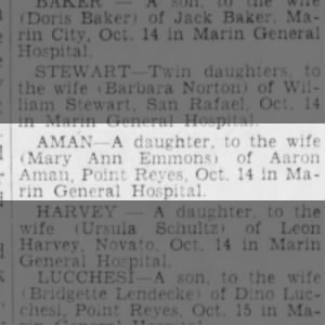 Baby Girl Aman Oct 14, 1960
