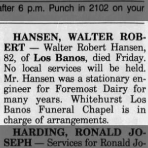 1995 04 26 Walter Robert Hansen death notice