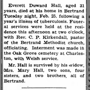 Obituary Everett Duward Hall, age 31, tuberculosis