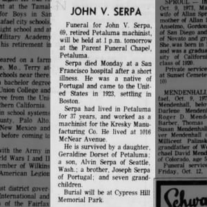 John Serpa obituary - Daily Independent Journal San Rafael CA - 10 October 1973