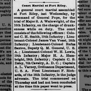 Court Martial at Fort Riley, Kansas. Court consists of LIEUT. COL. JAS. VAN VOAST, 16TH INFANTRY