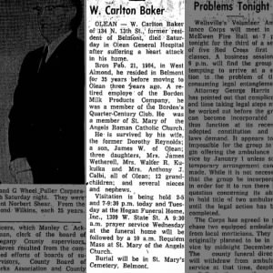 Obituary W. Carlton Baker. Wellsville Daily Reporter, 12 Dec 1966, p3.