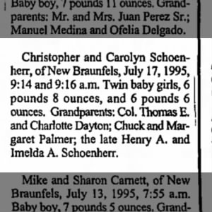Birth notice for Charlotte's step grand daughters
