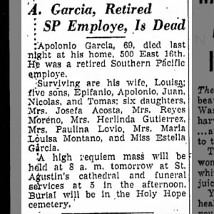 Apolonia Garcia, Retired SP Employee, Dies