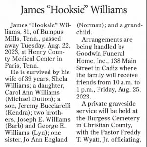 James "Hooksie" Williams; The Cadiz Record - 2023 August 31