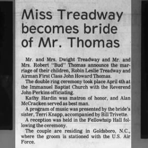 Robin Treadway marries John Howard Thomas, son of Mr and Mrs Robert Bud Thomas