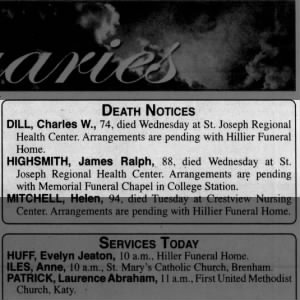 Death Notice for James Ralph Highsmith