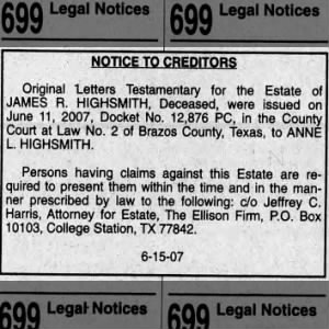 Probate started for estate of James R. Highsmith