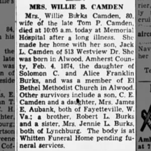 Obituary for MILLIE B CAMDEN