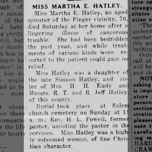 Obituary for MARTHA E HATLEY