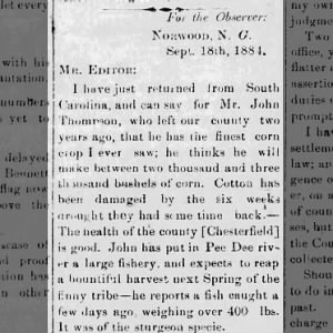John Thompson moves from Stanly County, NC to Chesterfield County, SC about 1882.