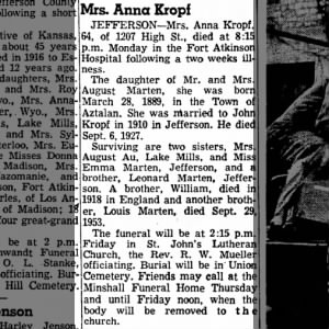 Obituary for Anna Kropf
