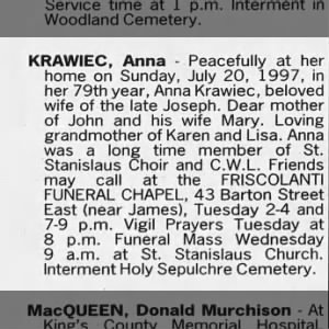 Obituary for Anna KRAWIEC