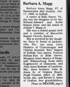 Obituary for Barbara Ames Mapp 1999