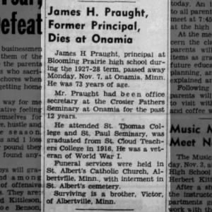 James H Praught obituary. 17 Nov 1960. Blooming Prairie Prairie Times, MN.