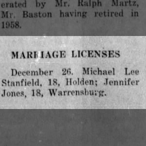 Mike Stanfield and Jennier Jones Marriage License
