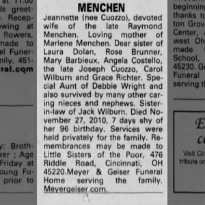 Obituary for Jeannette MENCHEN 2010