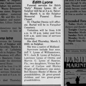 Death of Edith Lyons mother of Jeff V Lyons