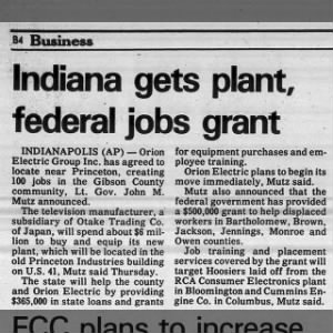 Indiana gets plant, federal jobs grant